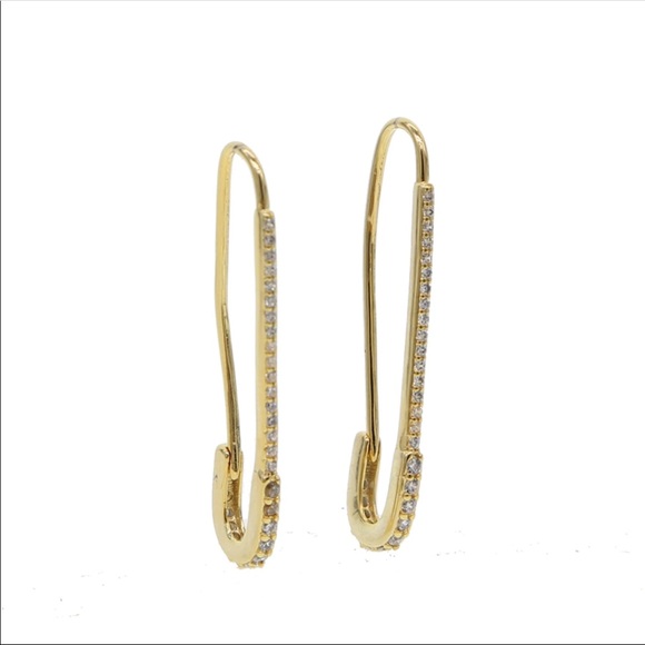 Last Pair Gold Vermeil CZ Safety Pin Earrings - Picture 2 of 8